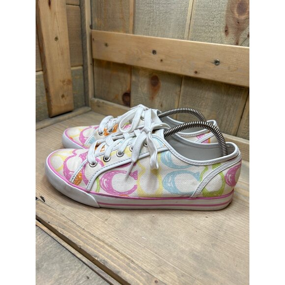 US8 8B Women COACH Multicolor Signature Logo Canvas Sneakers Dee Shoes - Picture 5 of 10